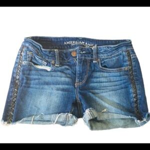 AMERICAN EAGLE Denim Shorts Braided Vegan Leather Trim Jean Cutoffs Blue 4